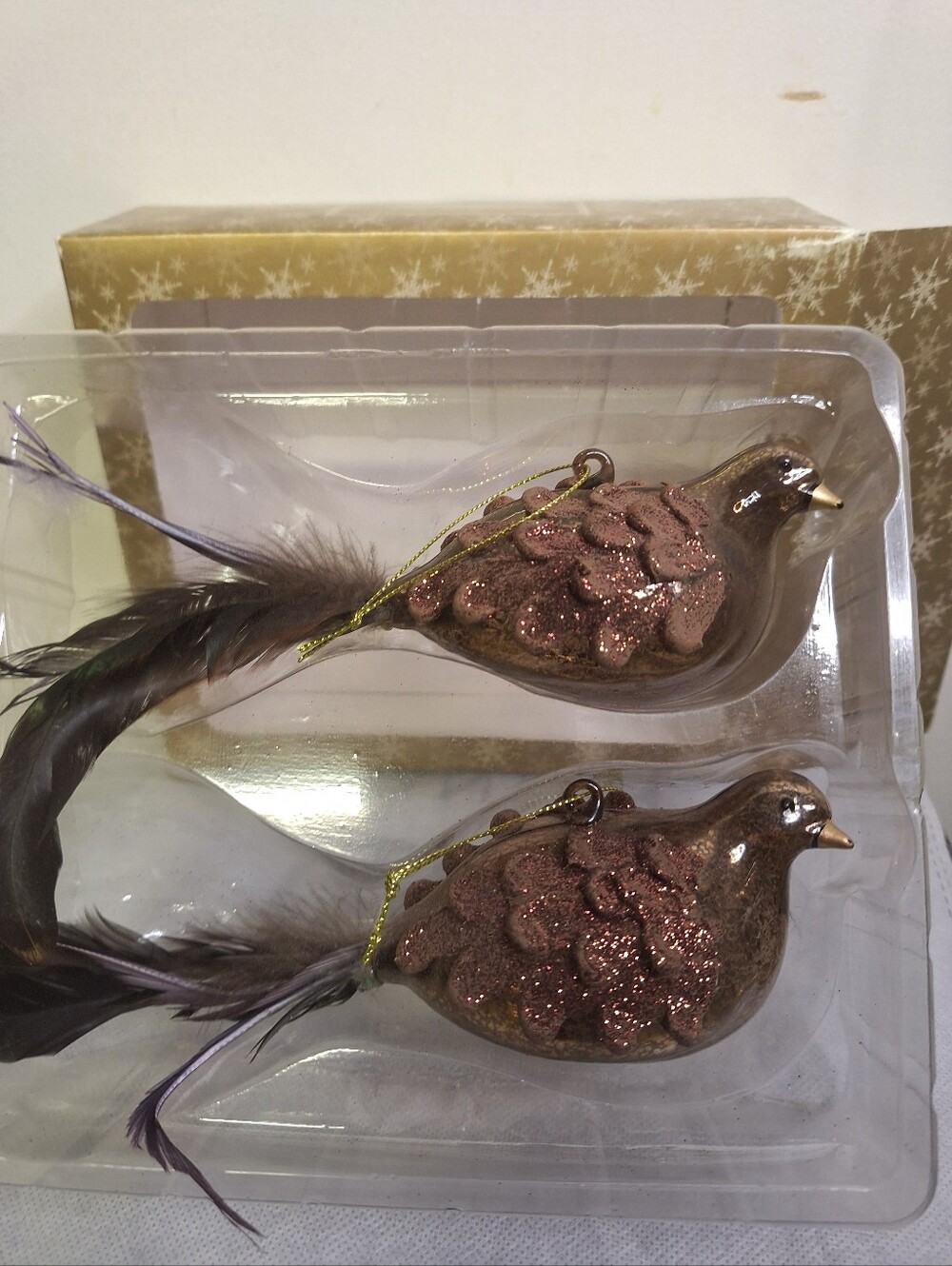 NWT Glass Glitter Feather Bird Ornaments - Set of 2 W/Box